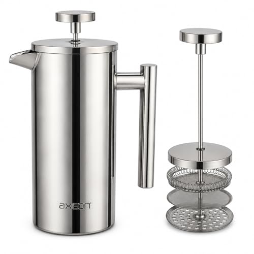 Image of AXEON French Press Coffee Maker | Double Wall Insulated 304 Stainless Steel Plunger | 3-Layer Filtration for Grit-Free Brew | Heat Retention, Rust-Free, Portable for Home & Office | Hot & Cold (350ml)