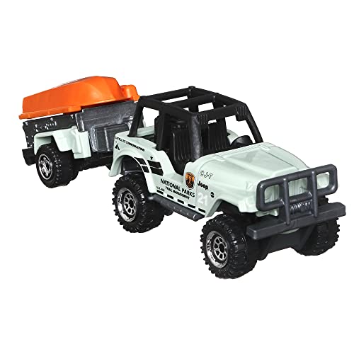 Matchbox Hitch & Haul Die-Cast Vehicle Playset - Boating Bear Adventure ~ 6 Piece Set ~ Car Cj7 ~ Includes Trailer Trawler With Boat, Hiker, Bear, Wolf And Trailhead Sign #TOP5