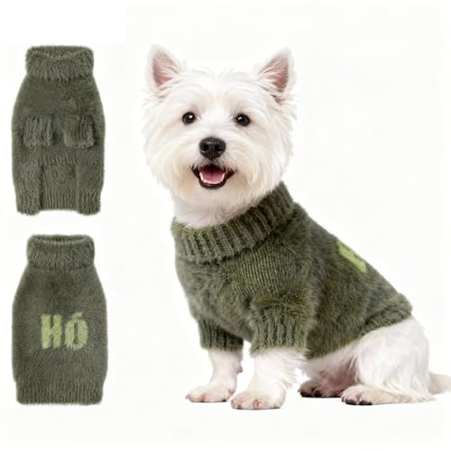 Image of Small Dog Furry Pullover Sweater, Classic Turtleneck Dog Clothes for Cold Weather Cute Warm Pet Clothes for Chihuahua, Bulldog, Dachshund, Pug Green Medium