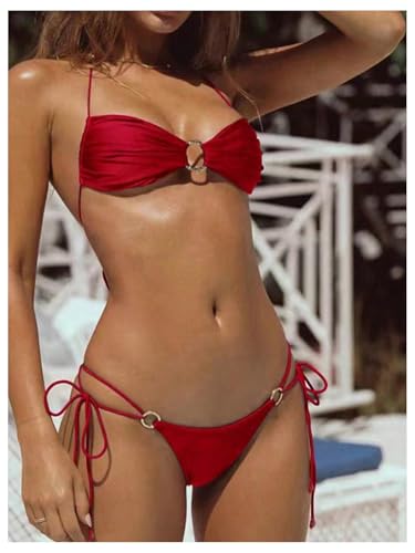 Image of SOLY HUX Bathing Suit for Women Halter Ring Linked Tie Side Bikini Sets Two Piece Swimsuit