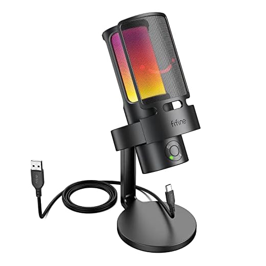 Microfone USB para jogos para PC, FIFINE Streaming Podcast Mic com 4 padrões polares, mudo, saída para fones de ouvido, microfone condensador RGB para gravação vocal - A8PLUS