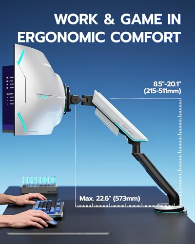 Image of Single Gaming Monitor Arm for 24 inch-57 inch Screens, Up to 60 lbs, White | Full Motion Computer Monitor Mount, Heavy Duty Gas Spring Desk Stand with VESA 75x75 to 200x200, with C Clamp, Grommet Base