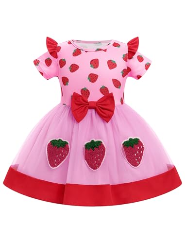 ODASDO Baby Girls Strawberry Bee Cow Birthday Cake Smash Outfit Short Sleeve Dress with Bowknot Headband Set2