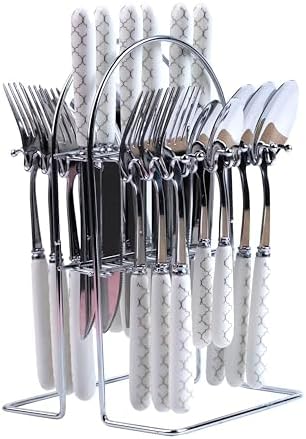 Stainless Steel Spoons, Forks & Knives Set of 24 with Stand and Ceramic Handle (Block Print)