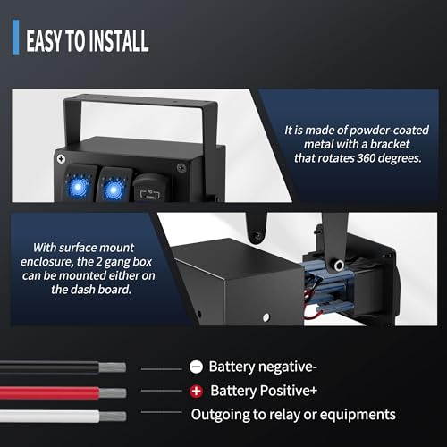 Image of Joinfworld 2 Gang Rocker Switch Box Waterproof 12V LED Light Bar Switch Panel SPST ON /Off with Dual USB Outlet PD Type C& QC 3.0 Car USB Port for Boat Marine Automotive Car Truck RV UTV