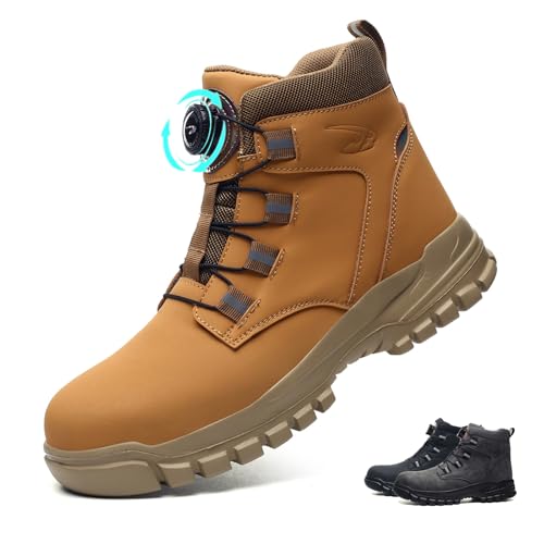 AFJYG Sicherheitsstiefel Herren Damen Wasserdicht Arbeitsschuhe Hoch Sicherheitsschuhe rutschfest Arbeitsstiefel Leicht Stahlkappenschuhe mit Drehverschluss，Orange，44 EU