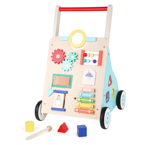 Andador de Madera Bebés 10 en 1, Centro de Actividades de Aprendizaje Múltiple, Carro Caminador para Bebé el Desarrollo Temprano, Juguetes Andador para Bebés