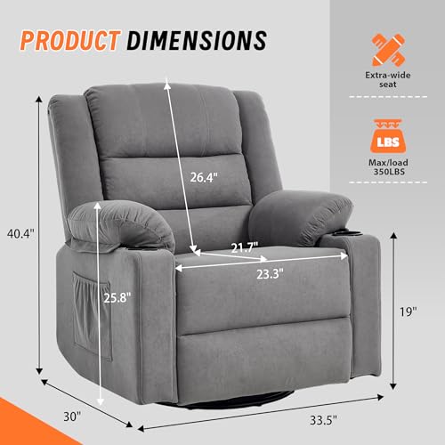 Image of Rocking Recliner Chair for Adults, 360 Swivel Rocker Recliner with Massage and Heating, Manual Glider Rocking Chair with Cup Holders for Living Room Bedroom Nursery (Grey)
