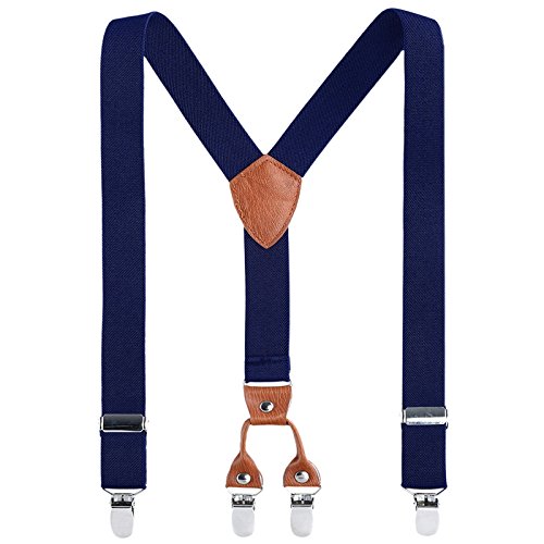 AWAYTR Kids Child Men Boy Suspenders - Adjustable Elastic Solid Color 4 Strong Clips Braces (27Inches (3 Years to 8 Years), Navy blue)