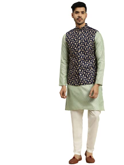 Kurta vert pista Sojanya avec veste Nehru en soie pour une tenue de fête sans fausse note