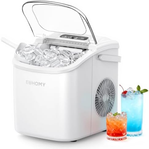 EUHOMY Countertop Ice Maker Machine with Handle, 26lbs Per Day, 9 Ice Cubes Ready in 6 Mins, Auto-Cleaning Portable Ice Maker with Basket and Scoop, for Home/Kitchen/Camping/RV (White)