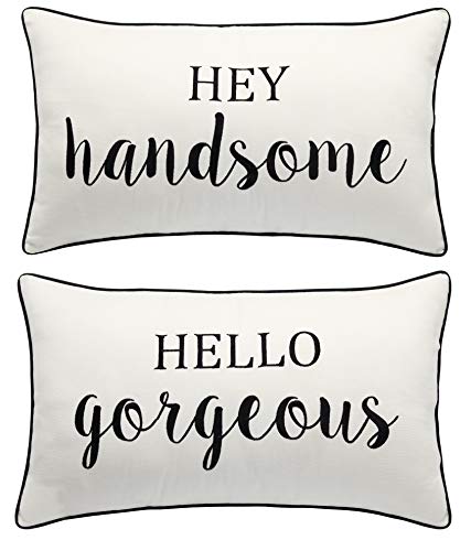 Rudransha Hello Handsome Gorgeous Set Of 2 Pcs Cotton Embroidered Decorative Oblong Throw Pillowcase - Couple Bedroom, Gift For Wedding, Anniversary - 12X20, Ivory #TOP9