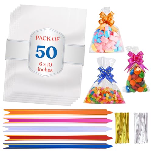 Zellophantüten, 50 Stück, 15,2 x 25,4 cm, lebensmittelecht, mit Schleifen in verschiedenen Farben, transparente Beutel für Geschenke, Verpackungen, Süßigkeitenbeutel für Geschenkkörbe