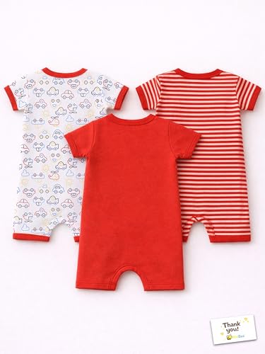 Image of Kidbee Infant Cotton Romper Set Pack of 3, Half Sleeve Front Open Bodysuit Jumpsuit for Baby Boys & Girls, 0-9 Months