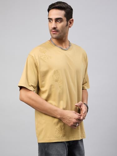 Image of Club York Men Beige Half Sleeve Embroidery Round Neck T-Shirt