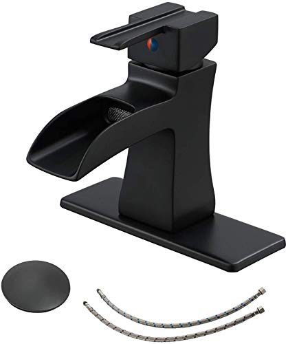 Black Bathroom Sink Faucet with Drain Assembly and Supply Hose Lead-Free Waterfall Single Handle One Hole Matte Black Bathroom Faucet Lavatory Mixer Tap Deck Mounted