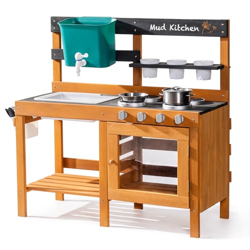 ROBUD Mud Kitchen for Kids Outdoor Wooden Outdoor Play Kitchen Kids Mud Kitchen with Removable Sink & Faucet Monteeori Toys for Children Ages 3+ Years WG426