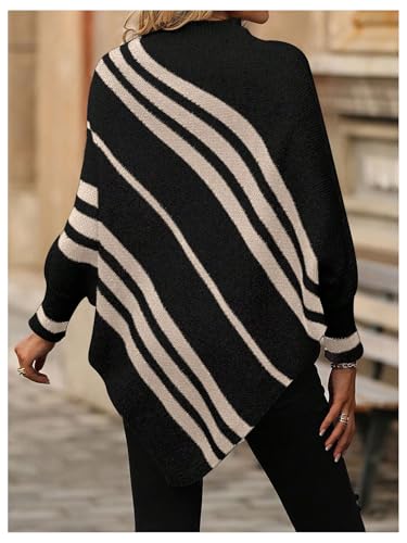 Milumia Women's Striped Mock Neck Knitted Poncho Sweater Dolman Long Sleeve Loose Tops3