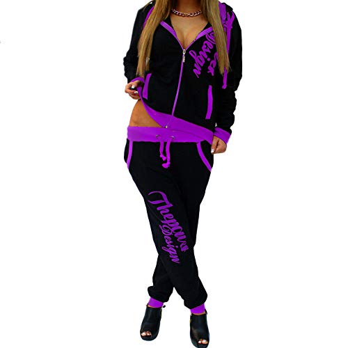 Tidecc Damen-Trainingsanzug mit Kapuze, langärmlig, Reißverschluss, Jacke, Hose, Sweatsuit, Kontrastfarbe, Jogginganzug, Yoga, Fitnessstudio, Workout, Outfit Gr. 38-40, Schwarz/Violett Cover
