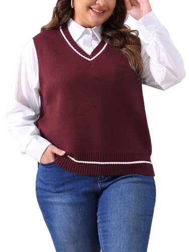 Image of Agnes Orinda Plus Size Sweater Vest for Women V Neck Stripe Cable Knit Sleeveless Pullover Sweater Vest