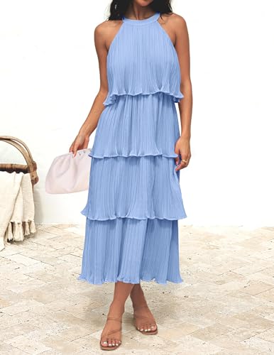 Image of ZESICA Women's 2026 Summer Sleeveless Halter Neck Ruffle Tiered Layered Chiffon Flowy Swing Long Midi Dress