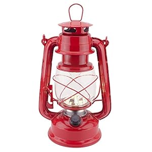 LED Hurricane Lamps, Warm White Battery Operated Camping Hurricane Lantern, Antique Metal Hanging Storm Lantern with Dimmer Switch, 15 LEDs, 150 Lumen for Indoor or Outdoor Usage (Red)