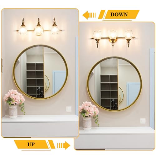 Image of Brushed Gold Bathroom Vanity Light, Farmhouse Brass Bathroom Light Fixtures Over Mirror, 3 Light Vanity Lighting Fixtures, Flower Glass Shade Wall Sconce Lighting