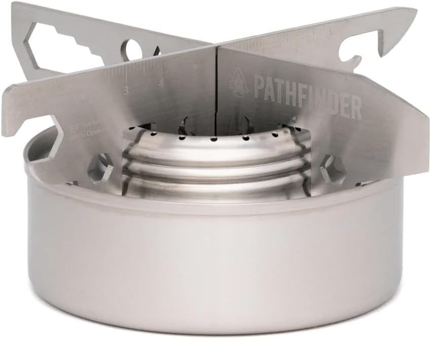 The Pathfinder School Alcohol Stove & Stove Stand Multi-Tool Bundle, Stainless Steel