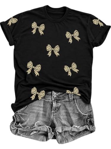 Image of Bow Leopard Shirt for Women Cheetah T-Shirts for Women Bow Graphic Tees Short Sleeve Aesthetic Tee Top
