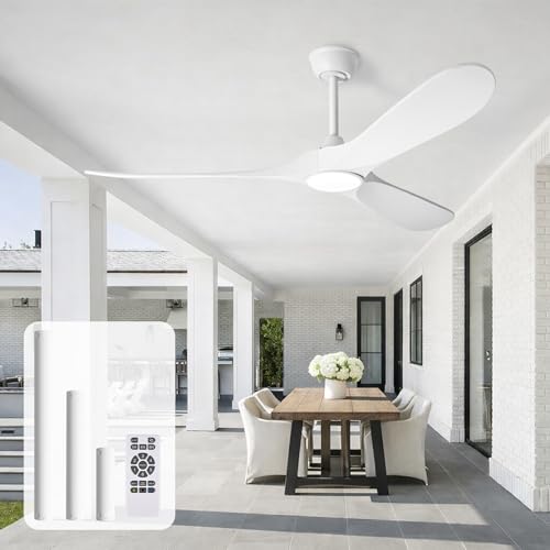 Image of heimo 52 Inch White Ceiling Fan with Light and Remote, Wood Outdoor Ceiling Fans with Lights Dimmable for Bedroom Living Room Patios Kitchen Modern 3 Blade Propeller Indoor Fan