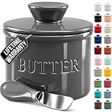 Zulay Kitchen Porcelain Butter Crock With Lid & Knife - Authentic French Butter Dish For Fresh & Spreadable Butter - Gray