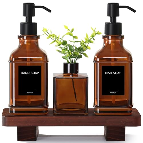 Modern Kitchen Soap Dispenser Set with Wood Tray Amber Glass Soap Dispensers with Pump Decorative Hand and Dish Soap Dispenser Set Soap and Lotion Dispenser Upgrade for Kitchen and Bathroom Decor