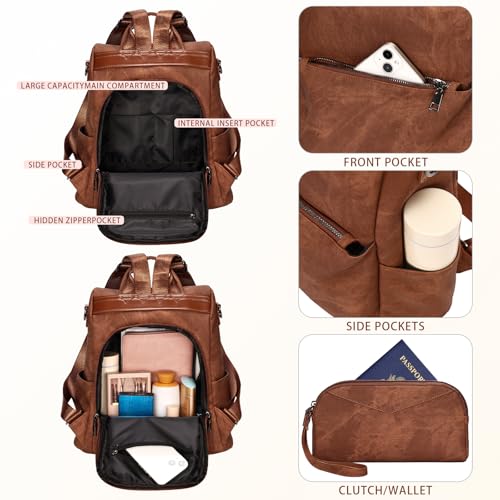 Leathario Mochila Antirrobo de Cuero PU Para Mujer con Multibolsillos, Bolso Multifuncional para Uso Diario como Viaje, Escuela y Universidad - imagen 3