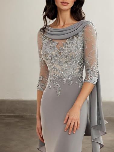 3/4 Sleeve Lace Appliques Mother of The Bride Dress for Wedding Mermaid Chiffon Wedding Guest Dress with Scarf4