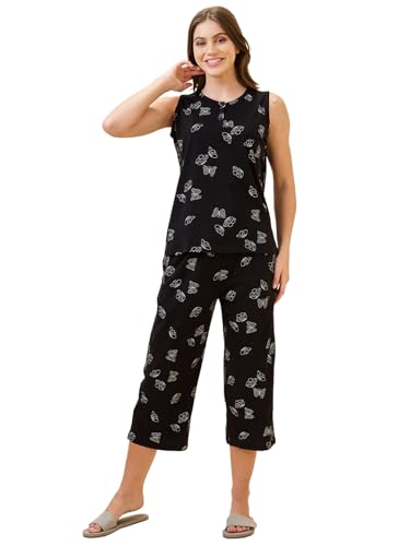 Image of AV2 Women's Cotton Printed Round Neck Short Sleeve Night Suit Set | Capri Set | Casual Night Dress for Women-2127