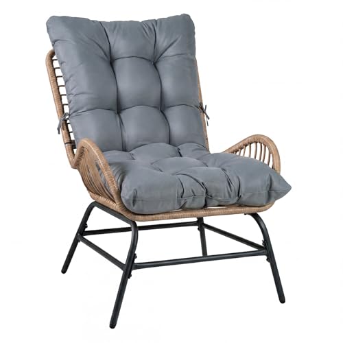 COSTWAY PE Rattan Garden Chair Outdoor Armchair Wicker Lounge Chairs with Soft Cushion Heavy Duty Metal Frame Patio Dining Chair for Backyard Porch Balcony & Living Room (Gray 68 x 84 x 87 cm)