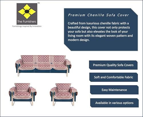 Image of Premium Pink Chenille Woven Anti-Slip 5 Seater Sofa Cover with Armt Rest | L-Shape Sofa Seat Protector for Living Room | Durable & Stylish Slipcover - Onion Pink - Floral