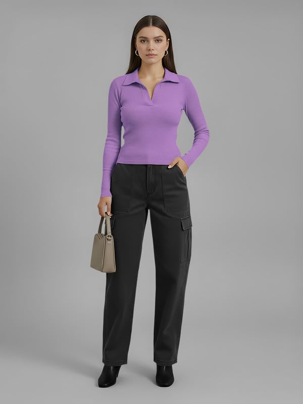 Image of Dream Beauty Fashion Women's Collared Neck Long Sleeve Slim Fit Casual Tee Top for Woman