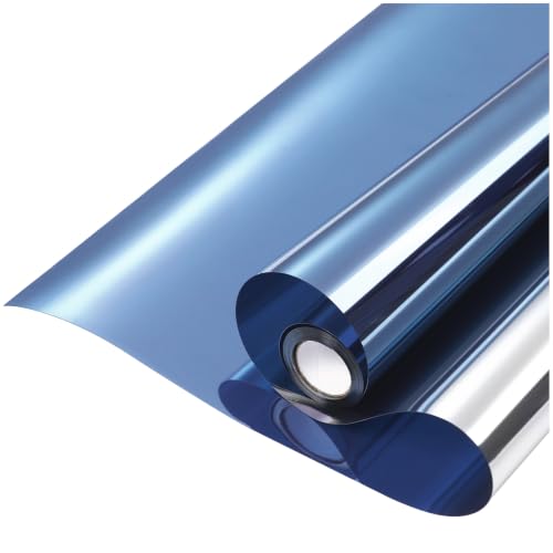 Image of rabbitgoo Window Privacy Film One Way Window Tint for Home, Removable Reflective Heat Sun Blocking Anti UV Glass Door Covering, Mirror Tinting Film House Office, 35.4 Inch X 9.8 Feet, Blue Silver