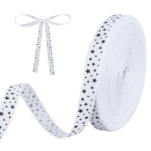 PH PandaHall 45.5m Stars Printed Ribbons Christmas Decorative Ribbons White Grosgrain Ribbon 15mm Wide Craft Ribbon with Black Stars for Wreath Crafts Bows Gift Wrapping Party
