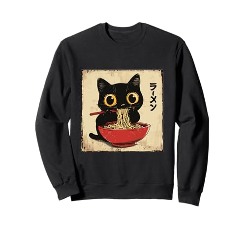 Divertente Gatto Mangiare Ramen Vintage Giapponese Noodles Felpa