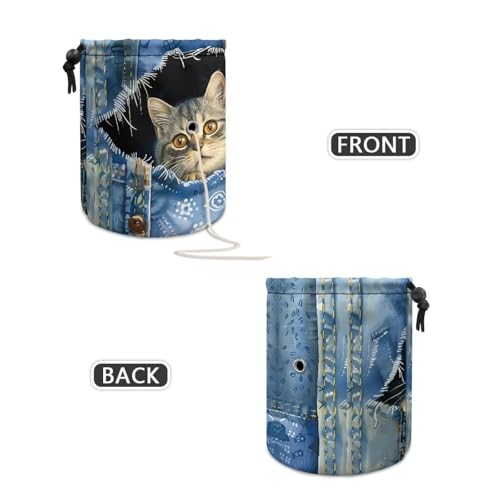 Image of Sellikakes Yarn Bag with Drawstring, Jeans Cats Knitting Crochet Yarn Storage Bags Organizer Crochet Accessories for Crocheting Project, Store Skein Ball,Short Knitting Needles