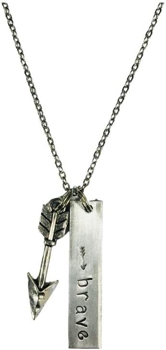 Brave Handstamped Resolution Bar Pendant with Arrow Charm, on an 18 inch stainless steel link chain
