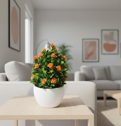 Image of Foliyaj Artificial Plant with Orange Roses in White Pot for Interior Decor | Faux Plant for Desks, Shelves and Side Tables for Your Home and Office | Fake Plants for Indoor Decoration