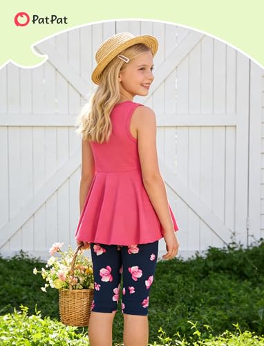 Image of PATPAT Girls Summer 2 Piece Outfits 4-12Y Butterfly Bow Sleeveless Tunic Tops and Floral Print Shorts Cute Clothes
