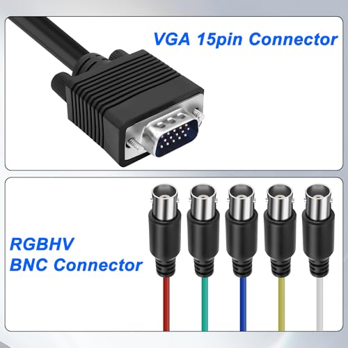 XMSJSIY VGA zu BNC Kabel 15Pin VGA Stecker zu 5 BNC Buchse RGBHV Koaxial Monitor Verlängerungskabel Hochauflösung Video Verbinder Breakout Draht für DVR HDTV Projektor - 1.5M / 4.92FT