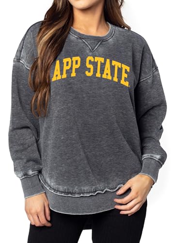 chicka-d Women's Burnout Hi-Lo Campus Crewneck Fleece Sweatshirt NCAA Classic Arch Over Team Color, Appalachian State Mountaineers, Charcoal, Large