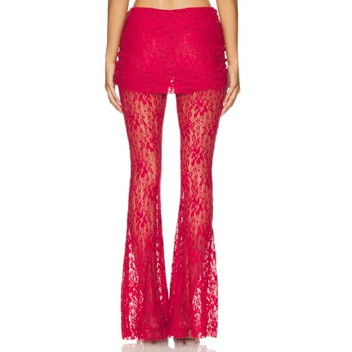 Woman Sexy See Through Lace Pants High Waist Flare Leg Trouser Solid Flower Lace Bell Bottoms Pants Streetwear2