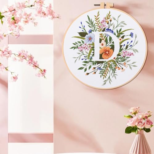 Image of IUHUI Embroidery Kit for Beginners Adults - 26 Floral Letters Easy Patterns, DIY Hand Stitching Embroidery Set with Hoop (Flower and Grass Letter D)