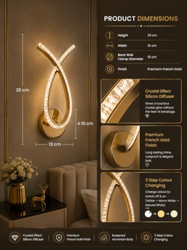 Image of FILLISKA Luxurious LED Wall Lamp for Home with Adjustable Colour Changing Function (1 Year Warranty)(French Gold-1801)